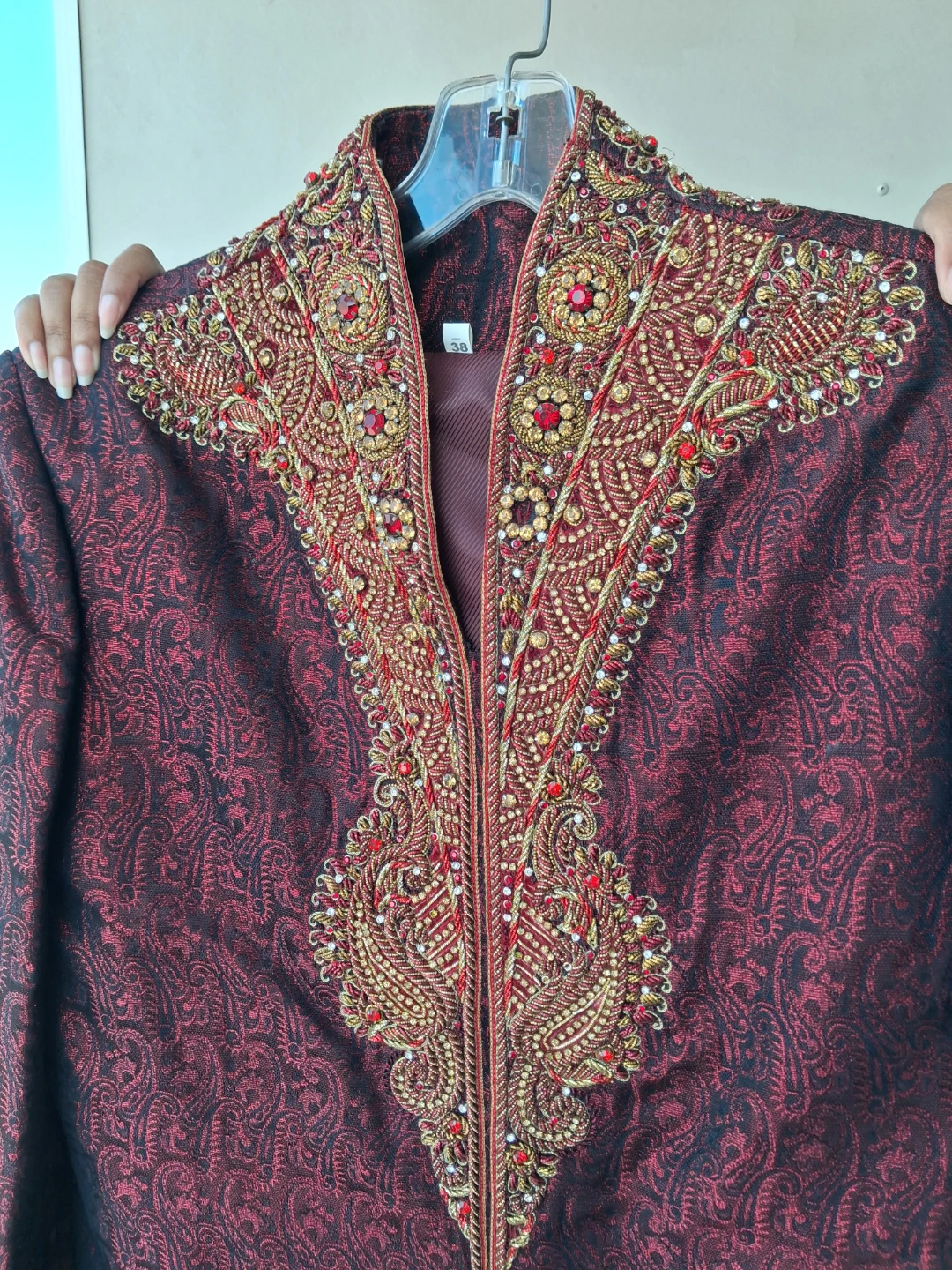 Embellished Red Brocade Sherwani Jacket - photo 2