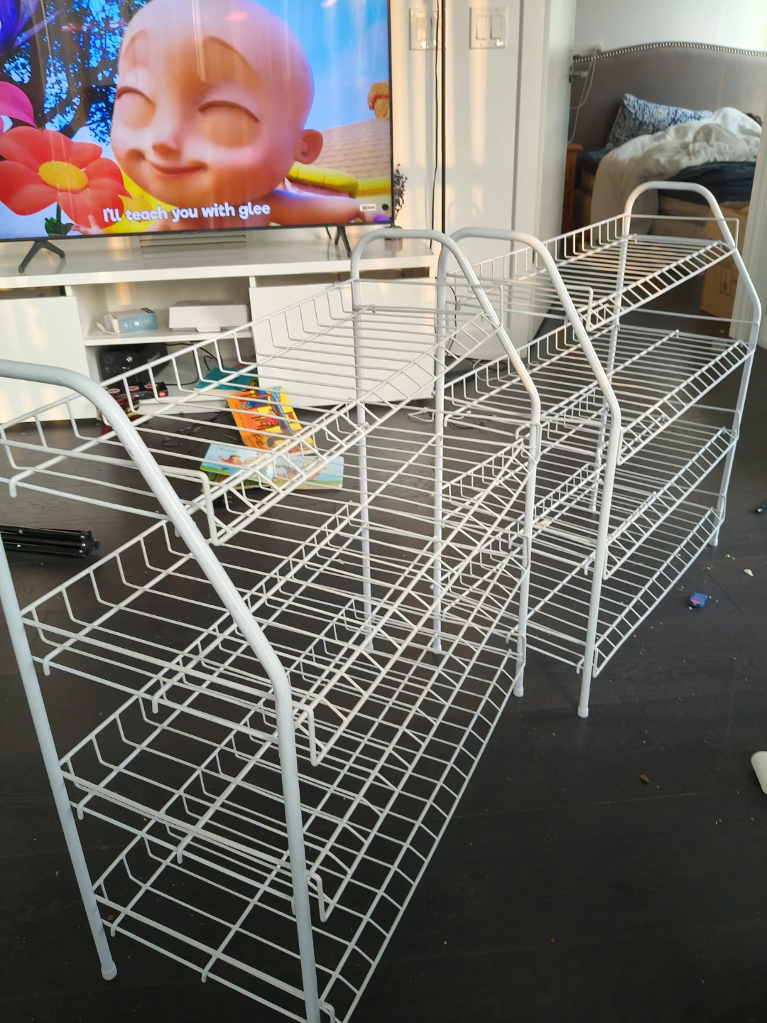 White Wire Multi-Tiered Shelving Unit.