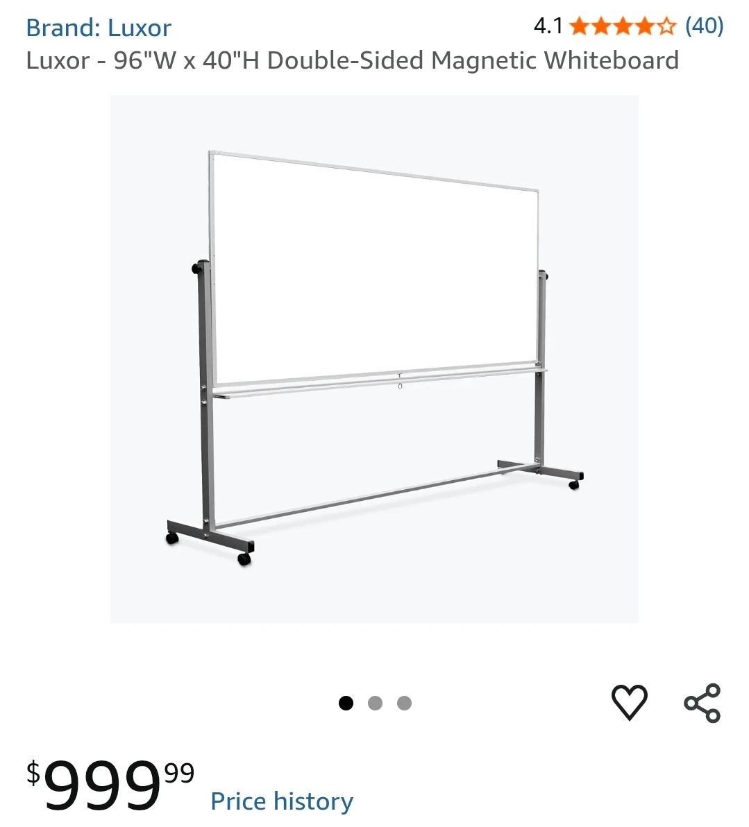Luxor 96"W x 40"H Double-Sided Magnetic Whiteboard