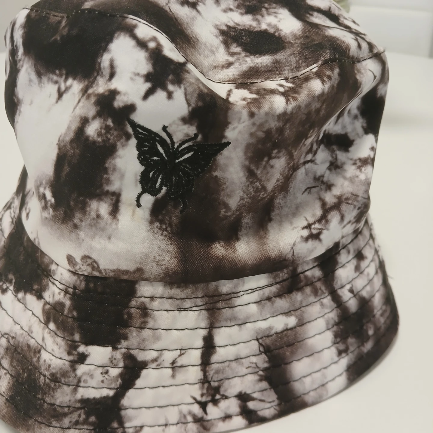 Black and White Tie-Dye Bucket Hat with Butterfly Embroidery - photo 2