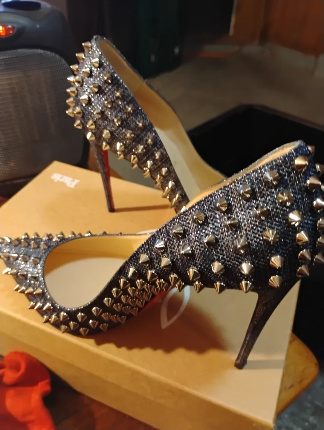 Christian Louboutin Follies Spikes 100 Lame Lux Heels Size 38.5