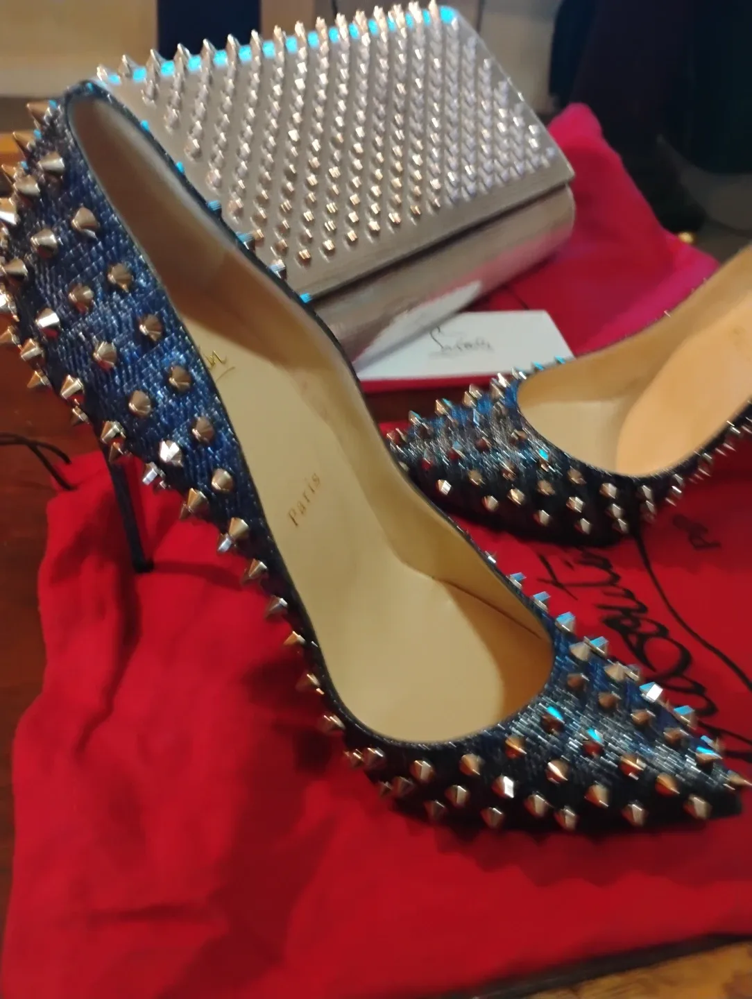 Christian Louboutin Follies Spikes 100 Lame Lux Heels Size 38.5 - photo 2
