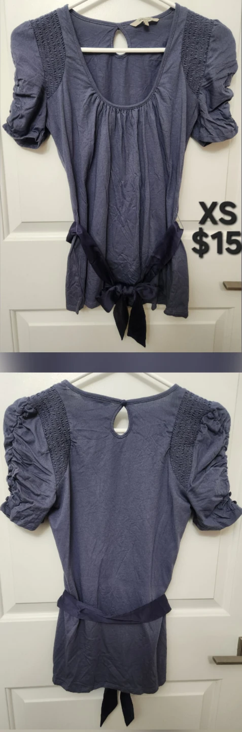 Dusty Blue Smocked Sleeve Top with Belt