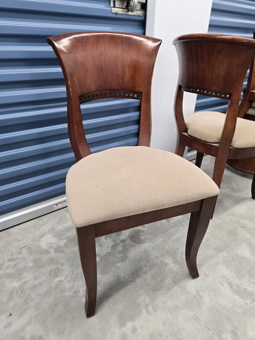 8 Solid wood dining room chairs with large fabric seats