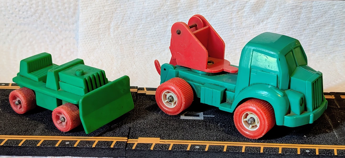 Vintage Swedish Green Tow Truck and Bulldozer Toy