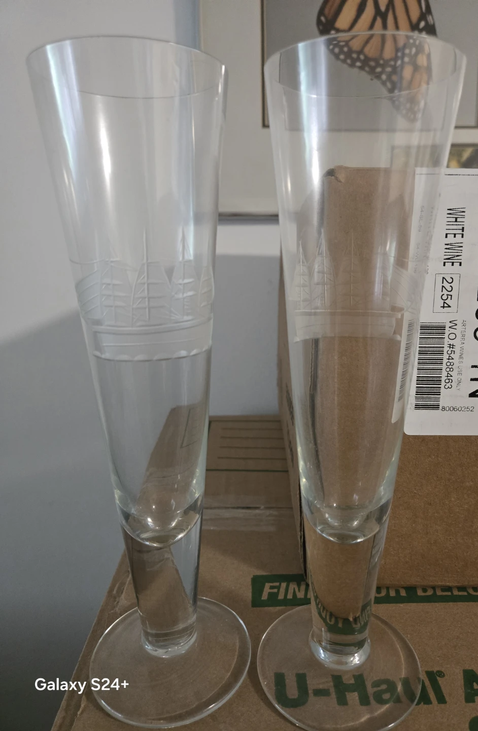 Set of 2 Etched Glass Flutes with Ships