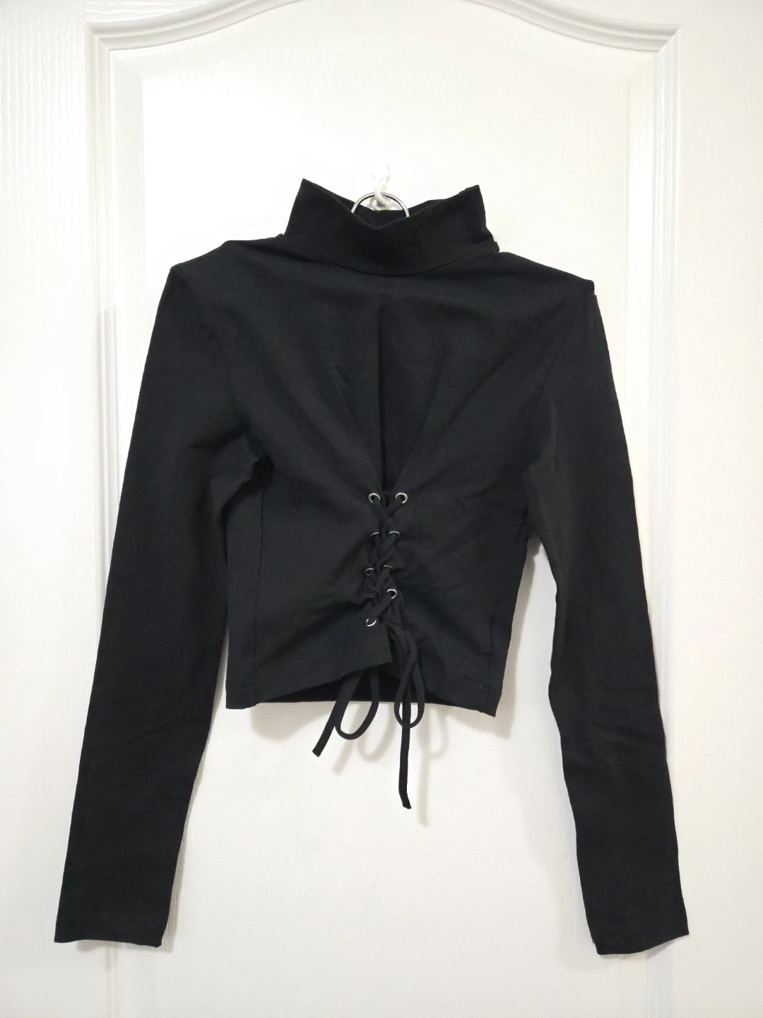 Black Lace-Up Turtleneck Long Sleeve Top XS