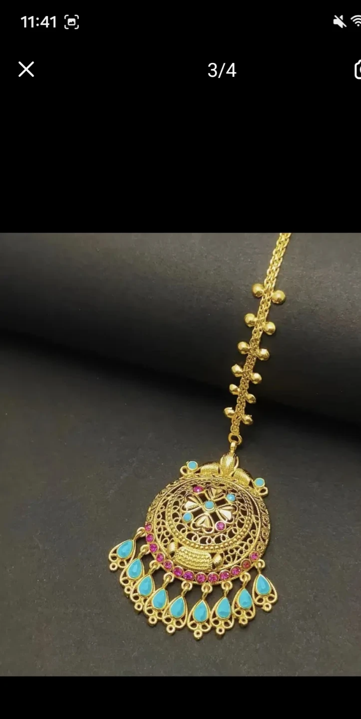 Gold-tone Maang Tikka with Turquoise and Pink Stones