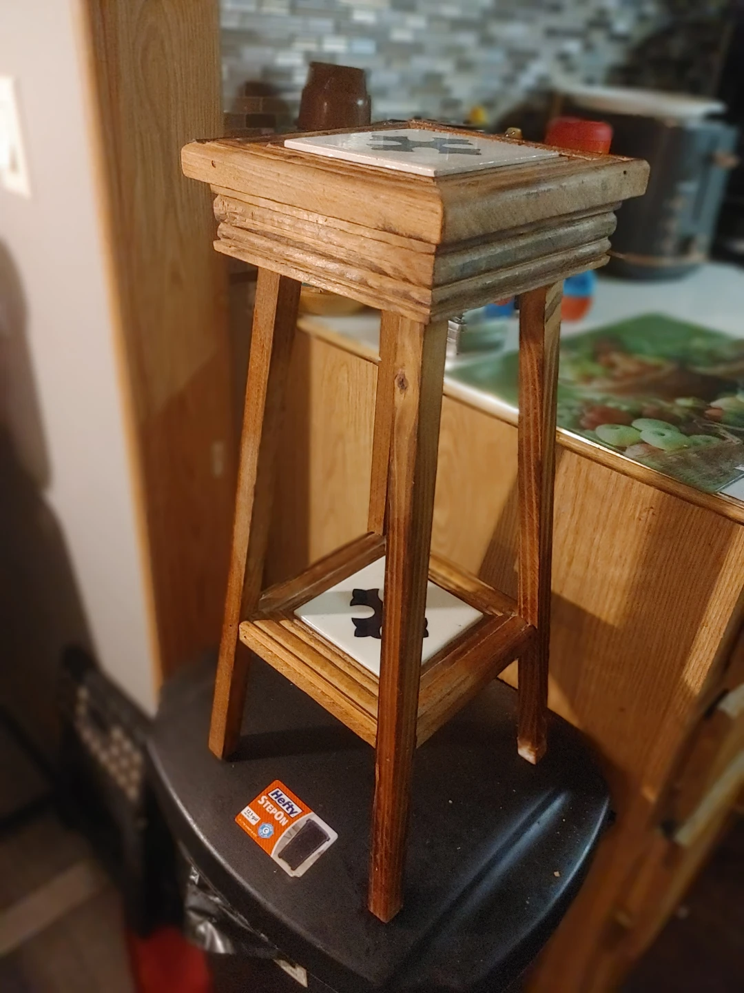 Wooden Plant Stand with Decorative Tiles