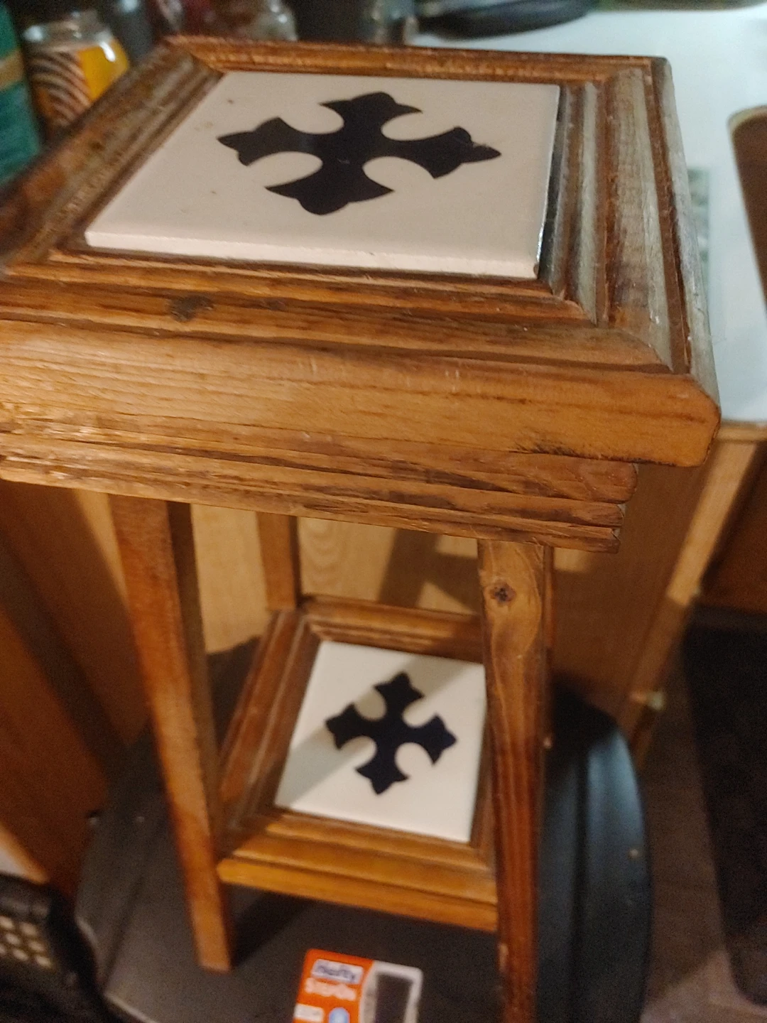Wooden Plant Stand with Decorative Tiles - photo 2