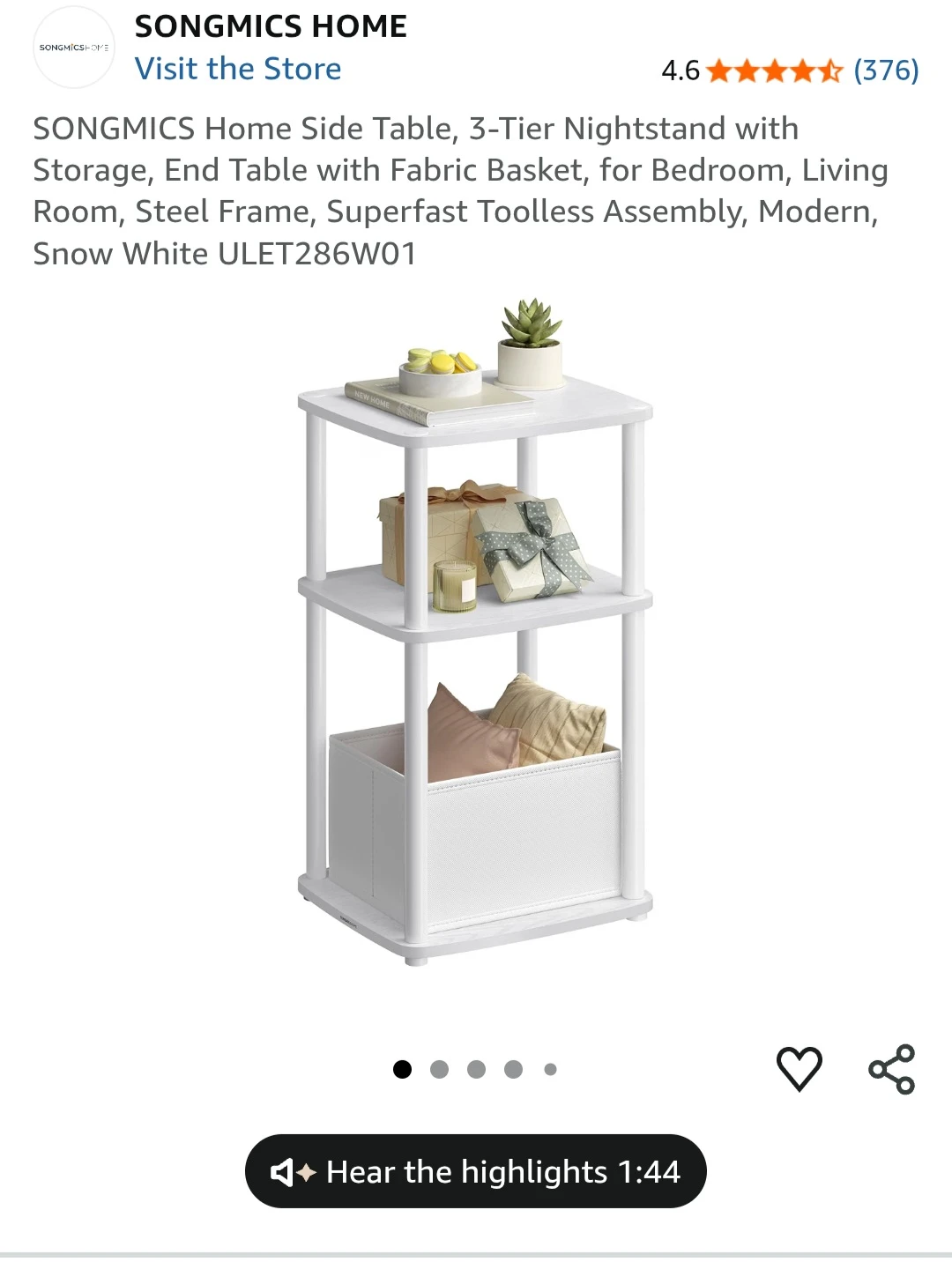 SONGMICS 3-Tier Side Table with Fabric Basket - White