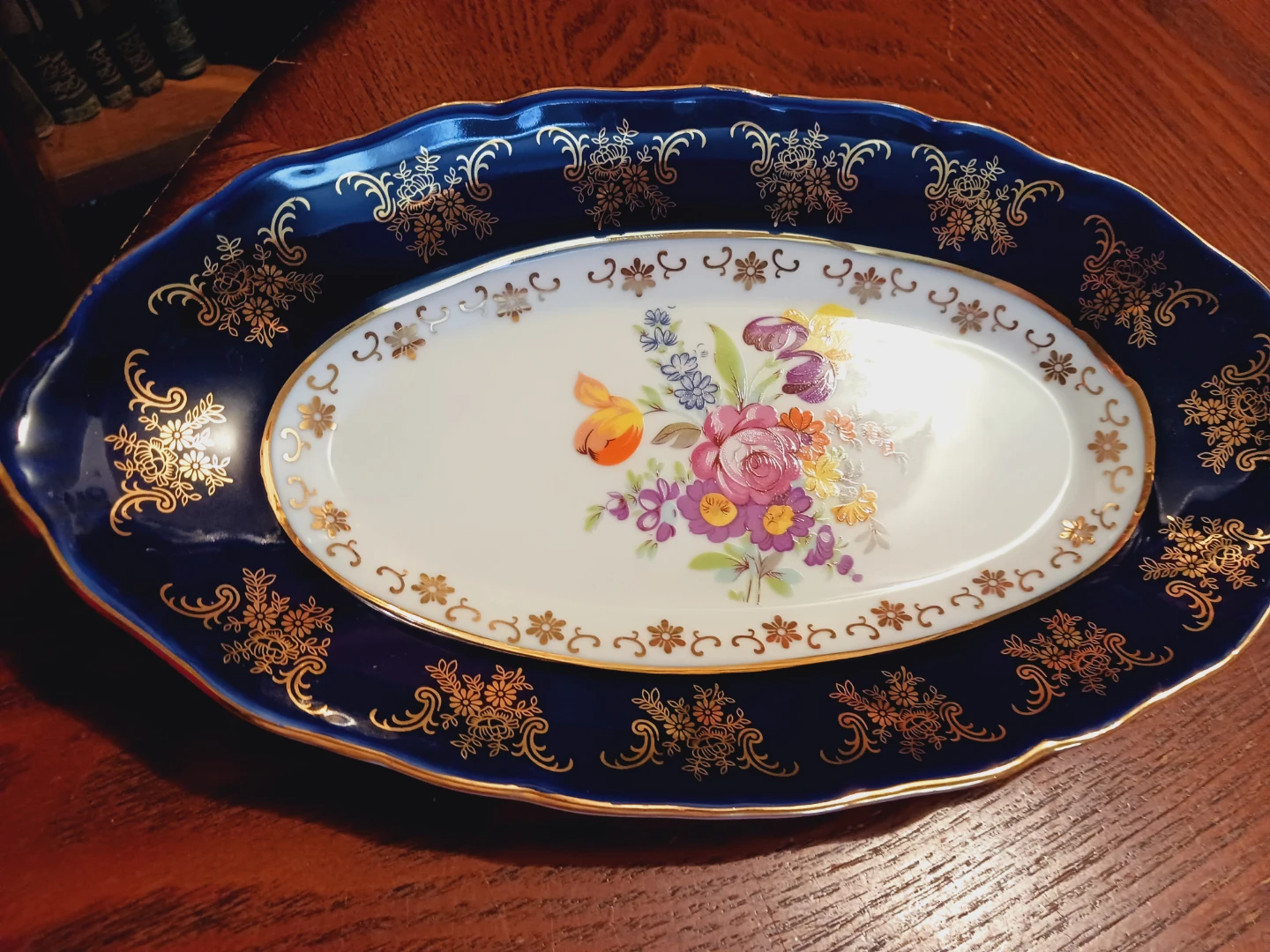 Gorgeous Czechoslovakian Cobalt Porcelain Floral Serving Dish
