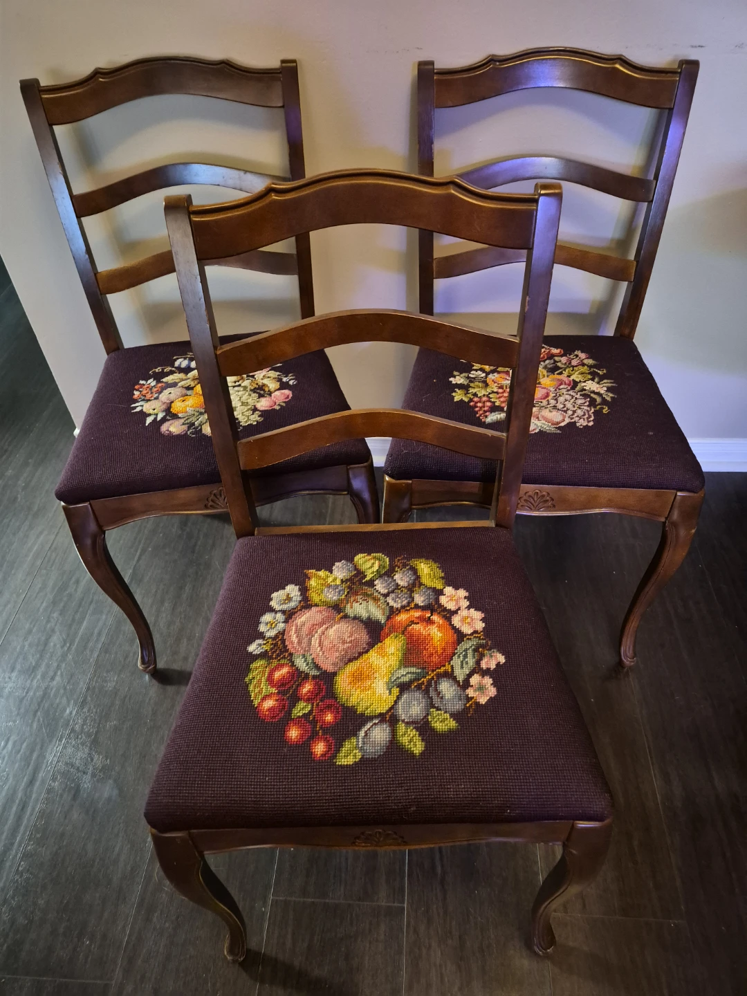 Set of Vintage Wooden Embroidered Chairs
