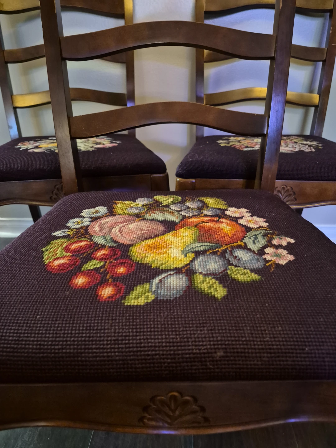 Set of Vintage Wooden Embroidered Chairs - photo 3