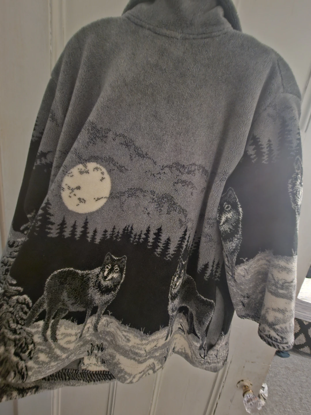 Fleece Wolf and Moon Print Jacket