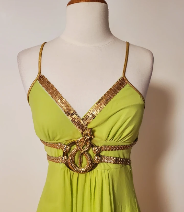Lime Green Embellished Mini Dress with Gold Accents