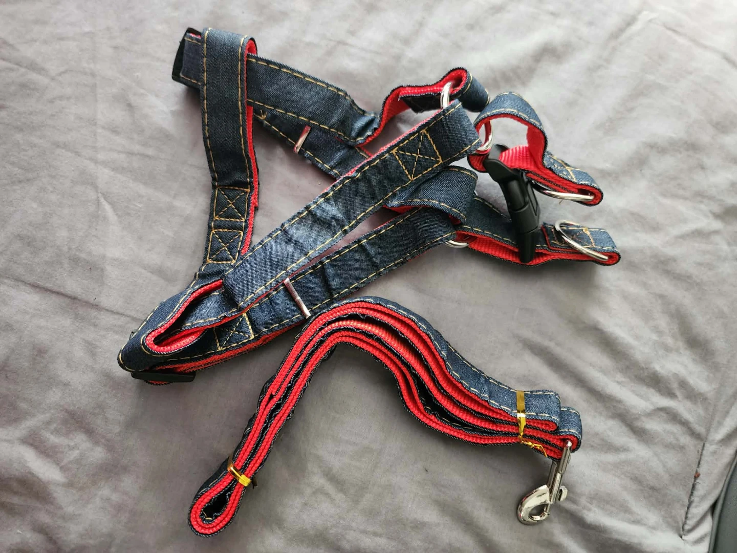 Denim Dog Harness with Red Trim