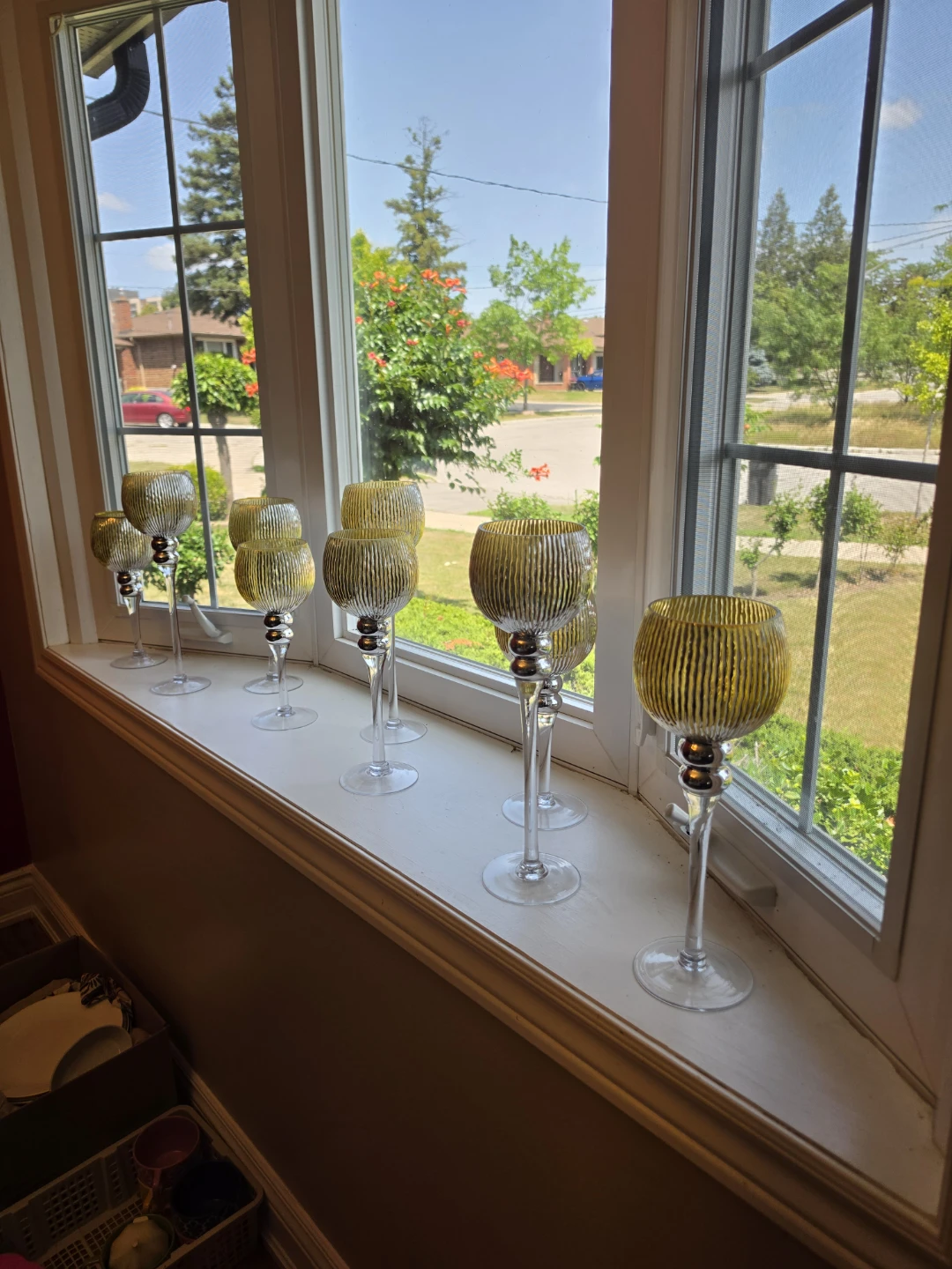 Set of 7 Gold Ribbed Glass Candlesticks