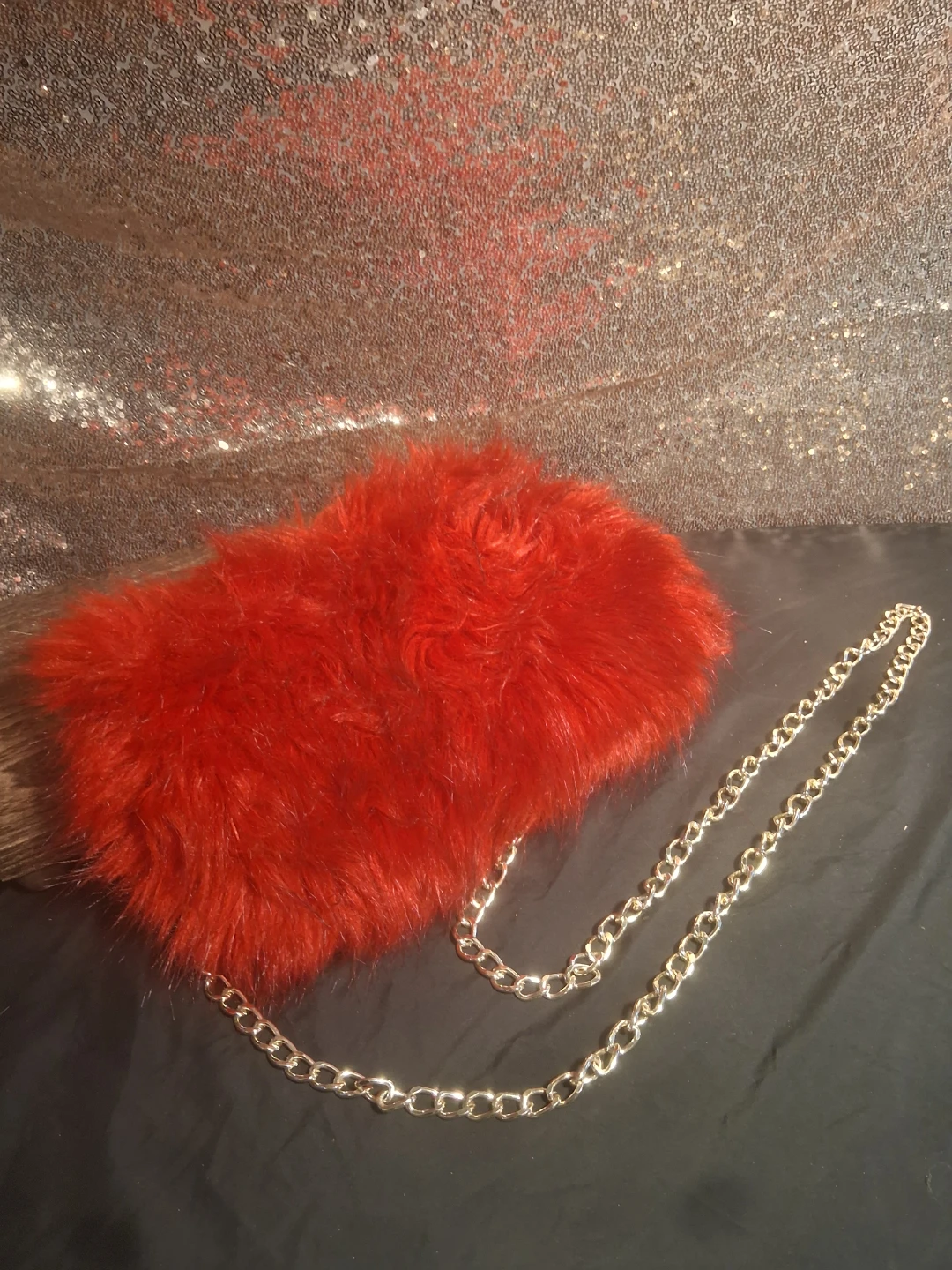 Red Faux Fur Clutch Purse with Gold Chain
