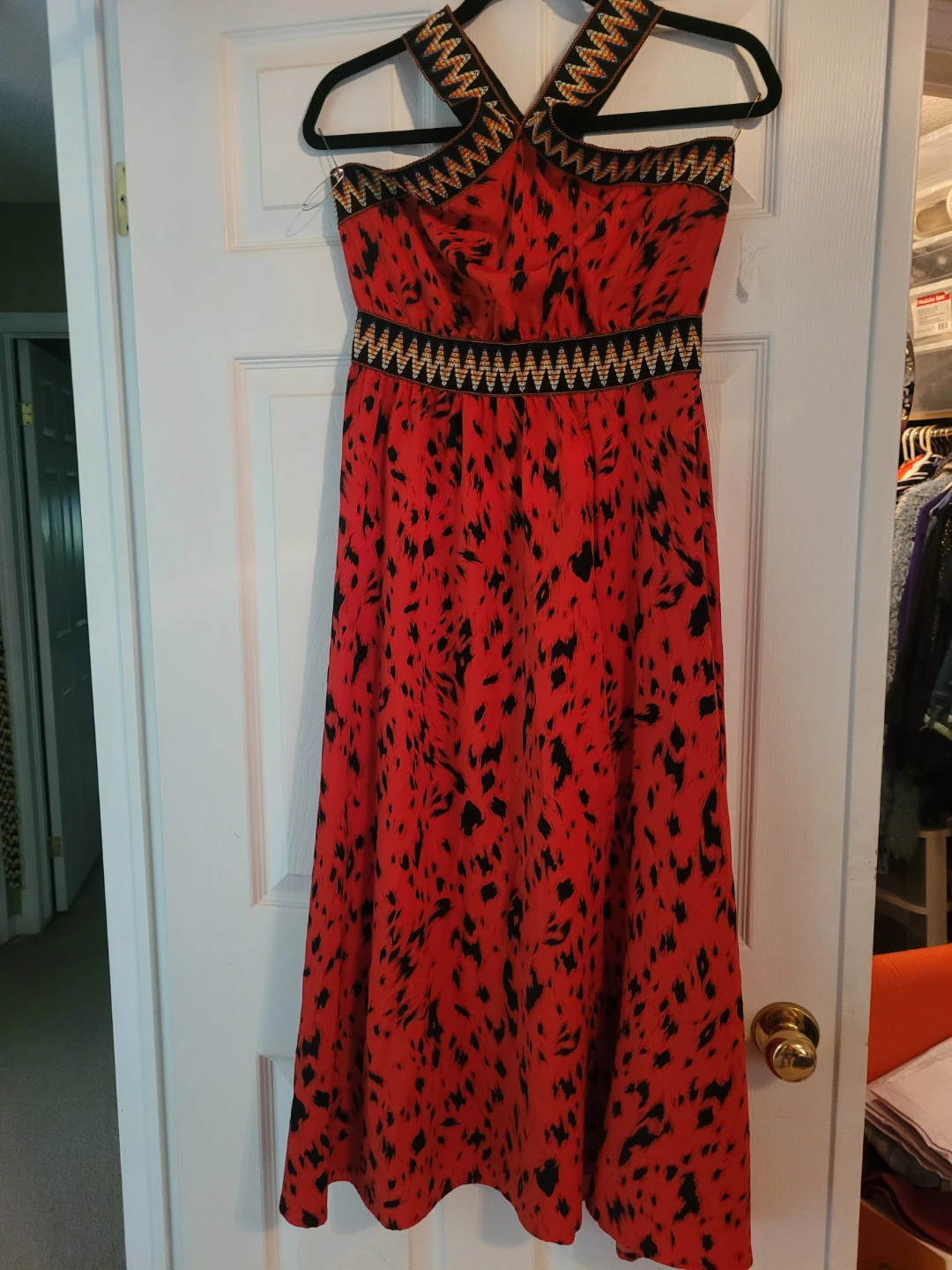 Women's Red and Black Animal Print Halter Maxi Dress