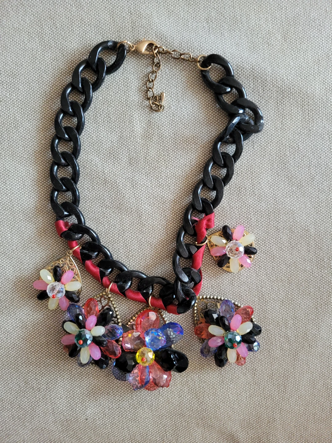 Chunky Black Chain Necklace with Floral Gem Charms