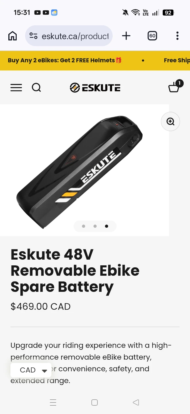 Eskute 48V Removable Ebike Spare Battery one month old