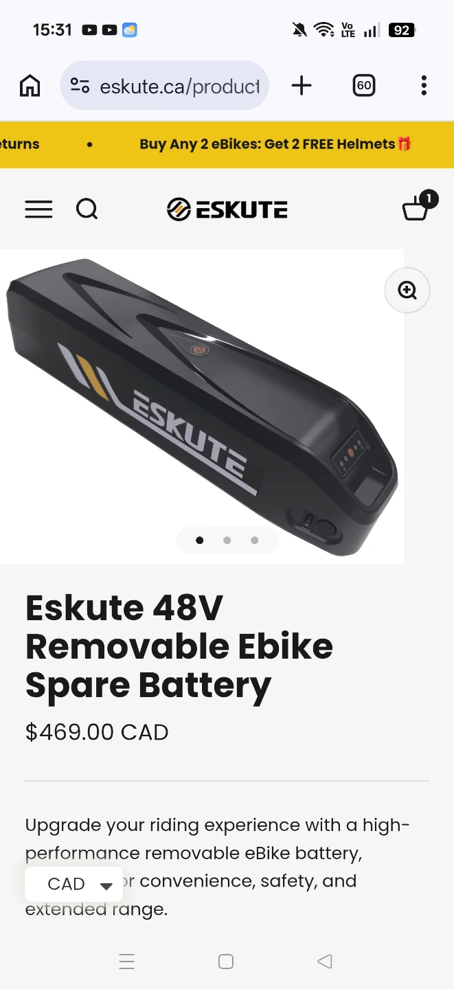 Eskute 48V Removable Ebike Spare Battery one month old - photo 2