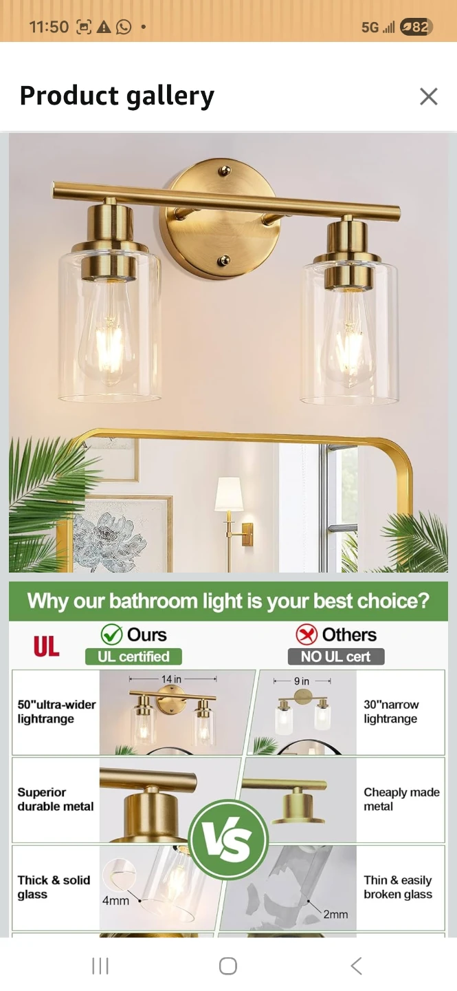 2-Light Brushed Gold Bathroom Vanity Light Fixture