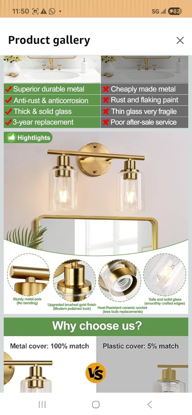 2-Light Brushed Gold Bathroom Vanity Light Fixture - photo 4