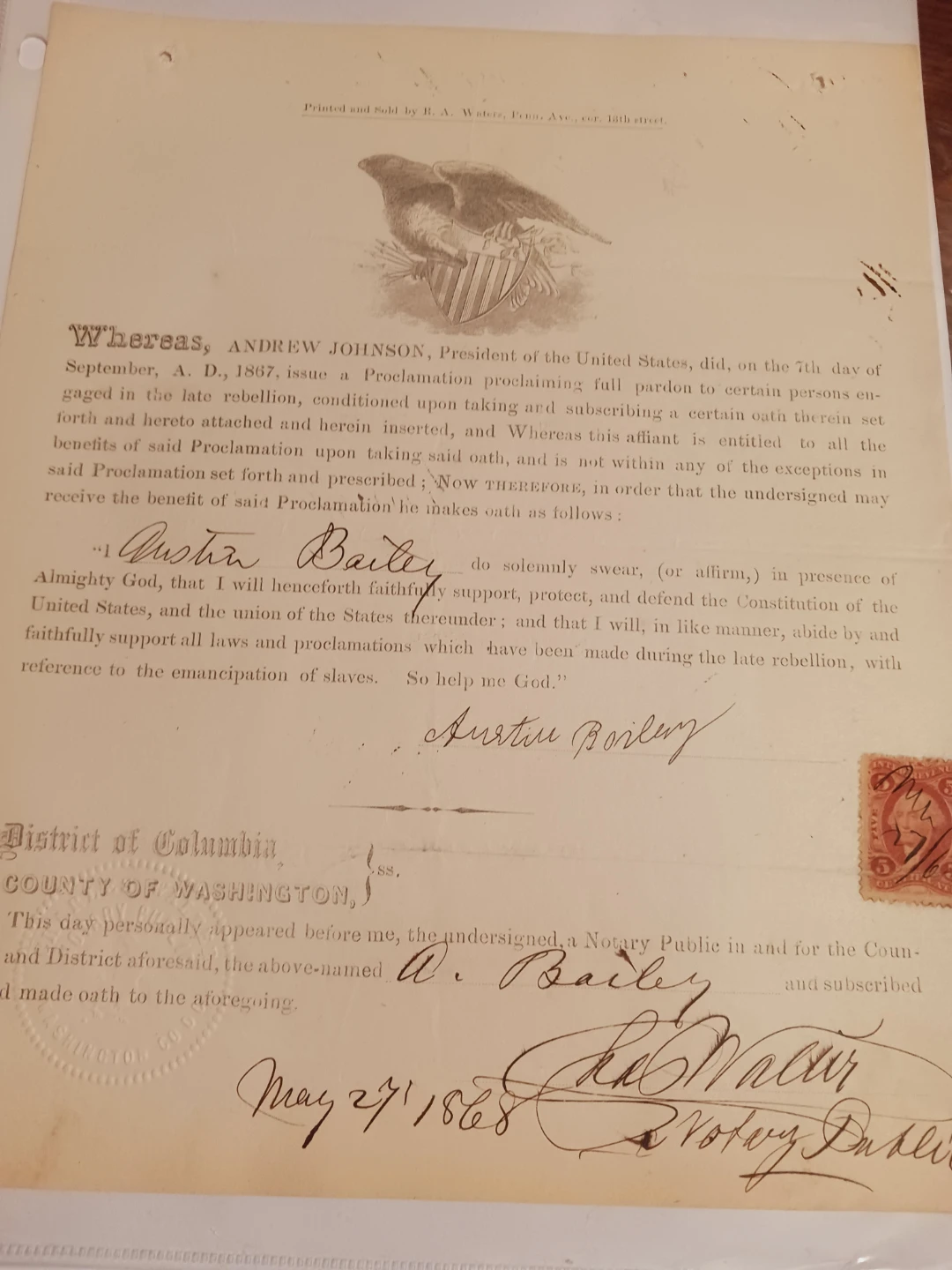 Andrew Johnson 1868. Presidential Proclamation Full Pardon Doc.