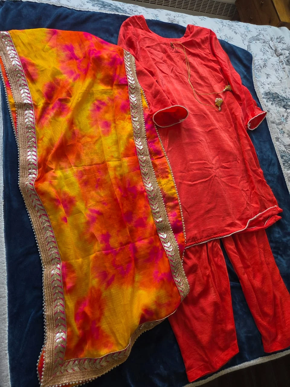 Orange and Yellow Tie-Dye Suit Set with Scarf