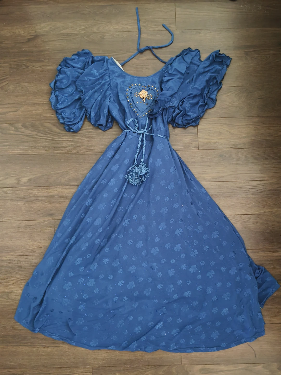 Blue Puff Sleeve Maxi Dress with Floral Pattern