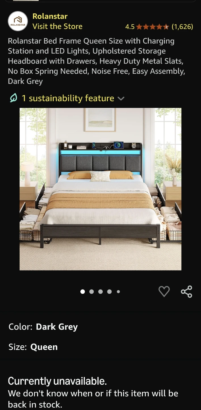 Rolnstar Queen Size Bed Frame with Drawers - Dark Grey