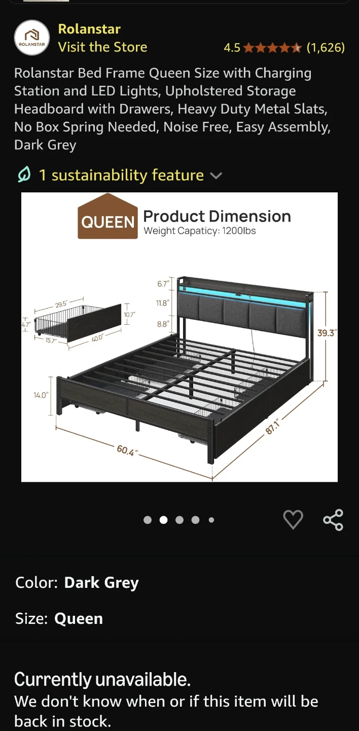 Rolnstar Queen Size Bed Frame with Drawers - Dark Grey - photo 3