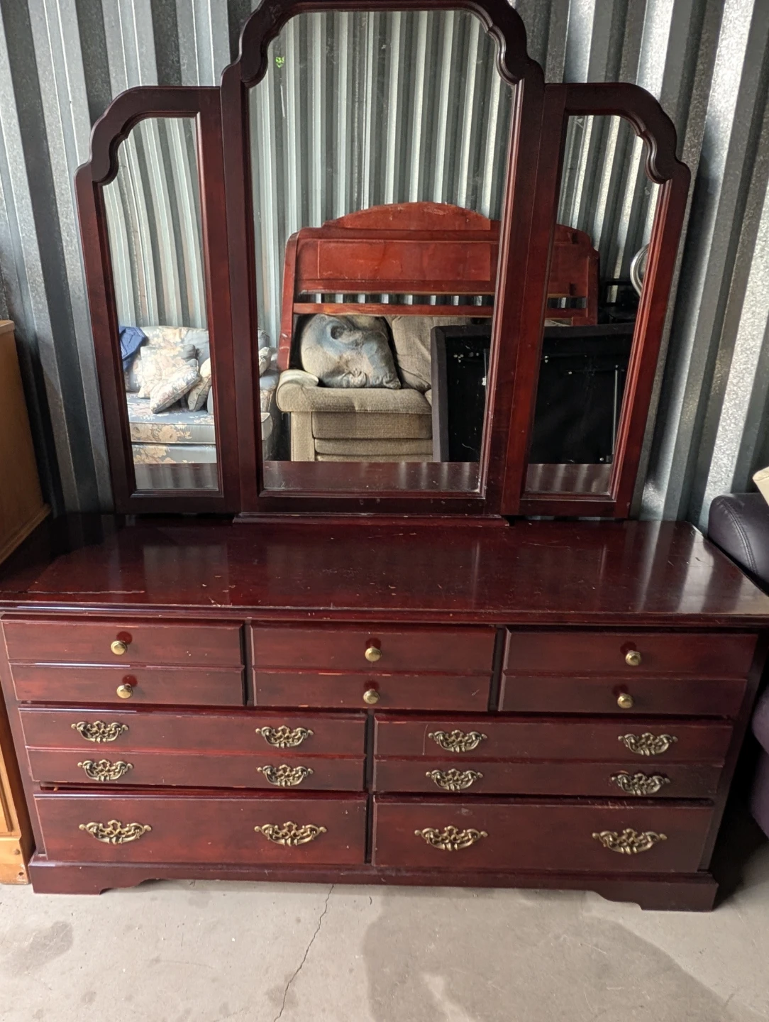 Dark Wood Dresser with Tri-Fold Mirror