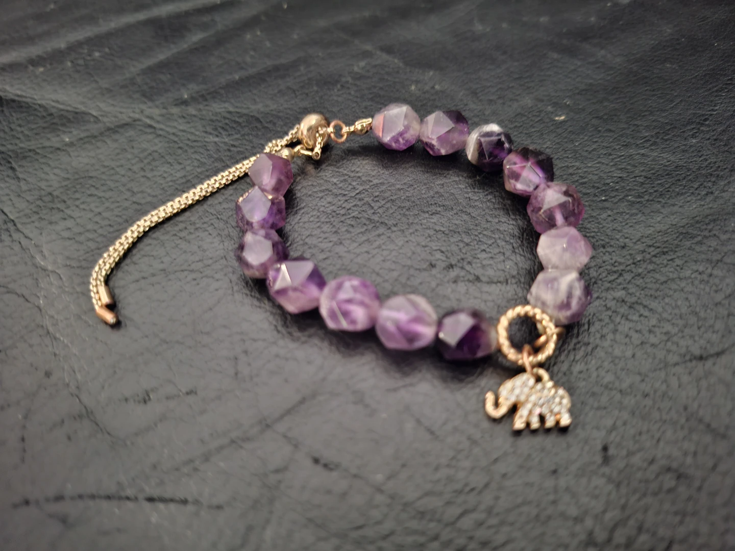 Amethyst Beaded Bracelet with Elephant Charm