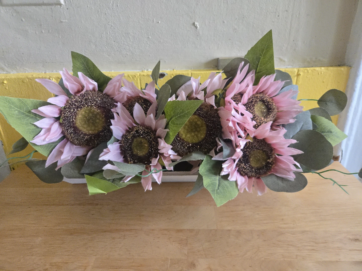 Faux Pink Sunflower Arrangement in Wooden Planter