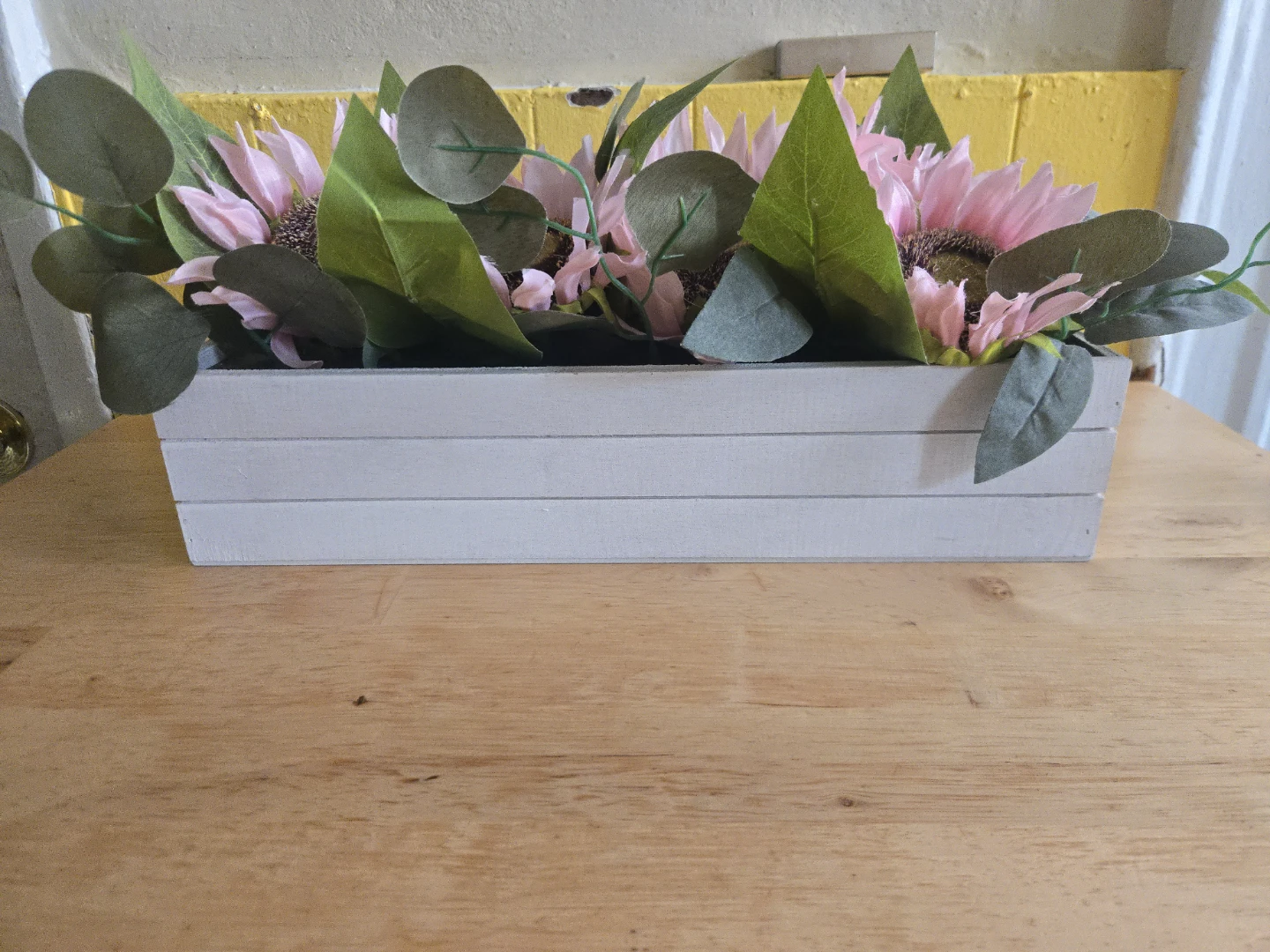 Faux Pink Sunflower Arrangement in Wooden Planter - photo 2