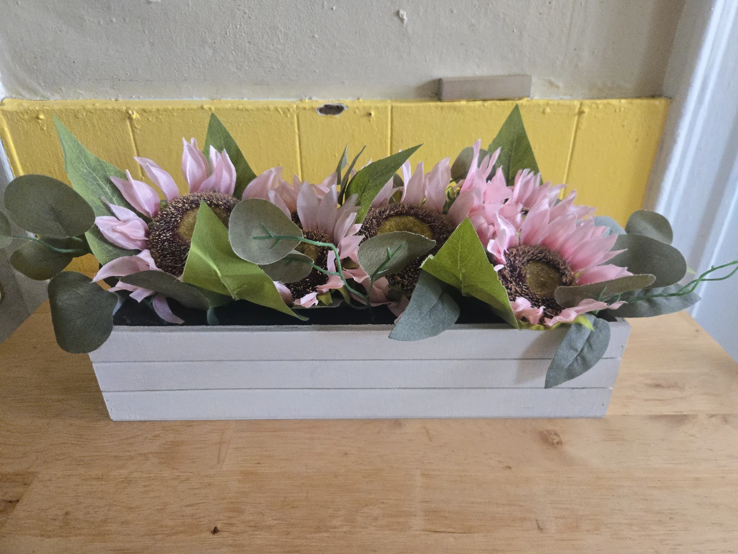 Faux Pink Sunflower Arrangement in Wooden Planter - photo 3