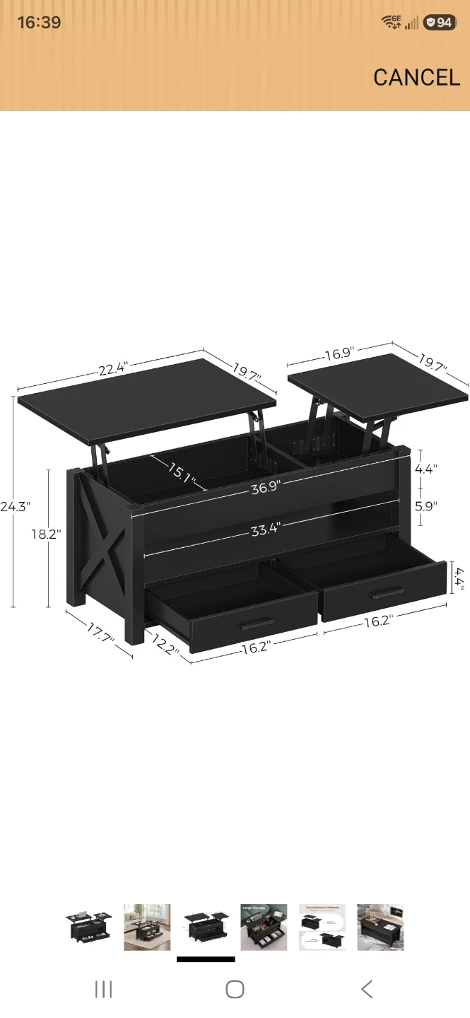 Black Lift Top Coffee Table with Storage - photo 3