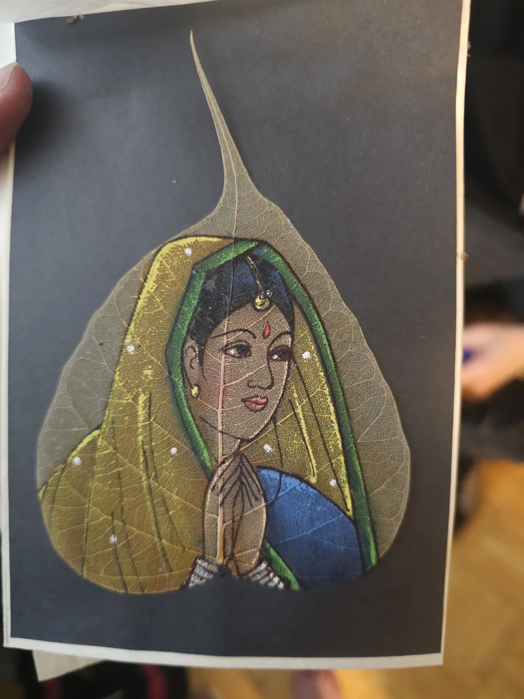 Hand-Painted Leaf Art - Woman in Saree