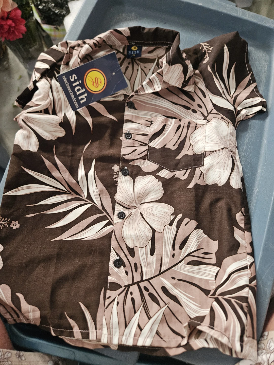 Sidh Short Sleeve Button Up Shirt - 3T, Brown Floral Pattern