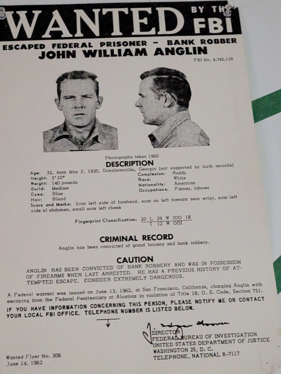 FBI Wanted Poster - Frank Lee Morris - photo 2