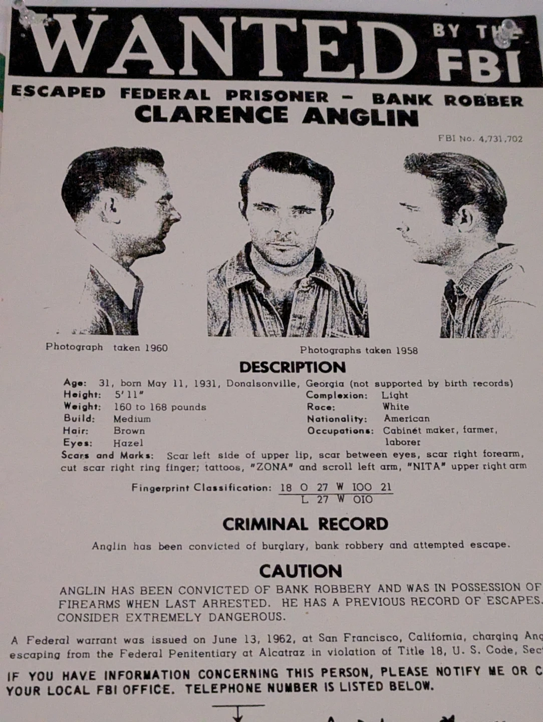 FBI Wanted Poster - Frank Lee Morris - photo 3