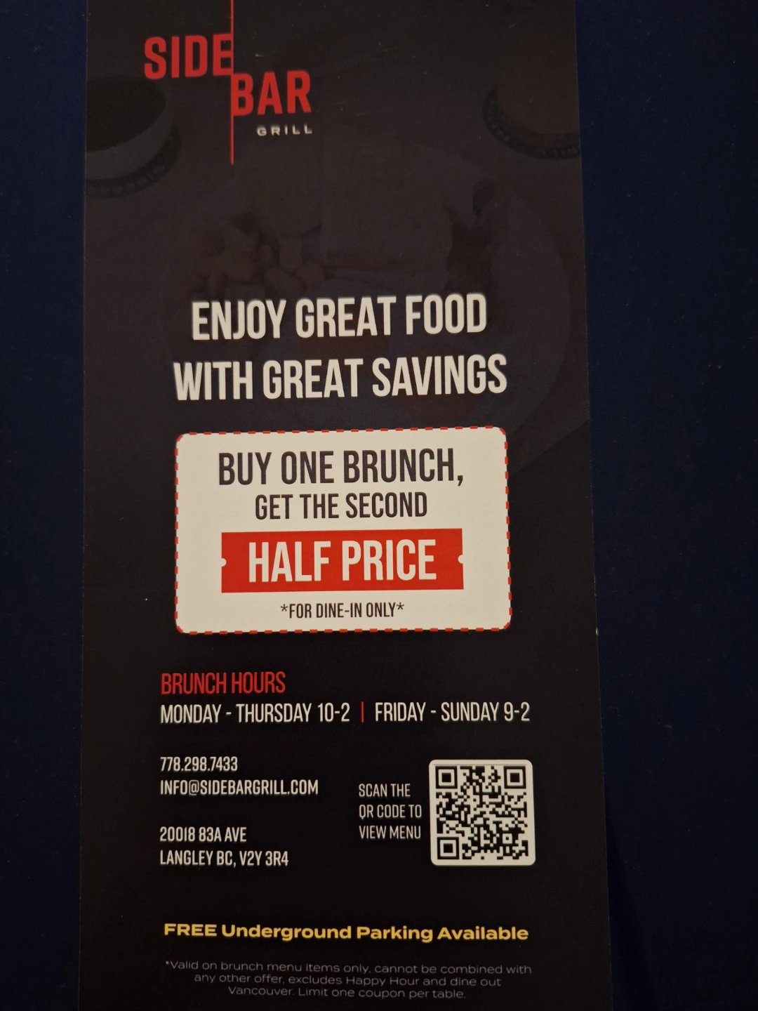 Free Side Bar Grill Buy One Brunch Get One Half Price Offer