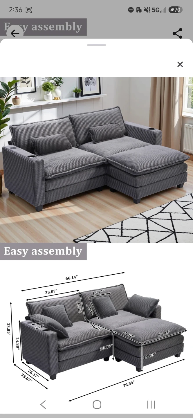 Gray Corduroy Sofa with Chaise - photo 3