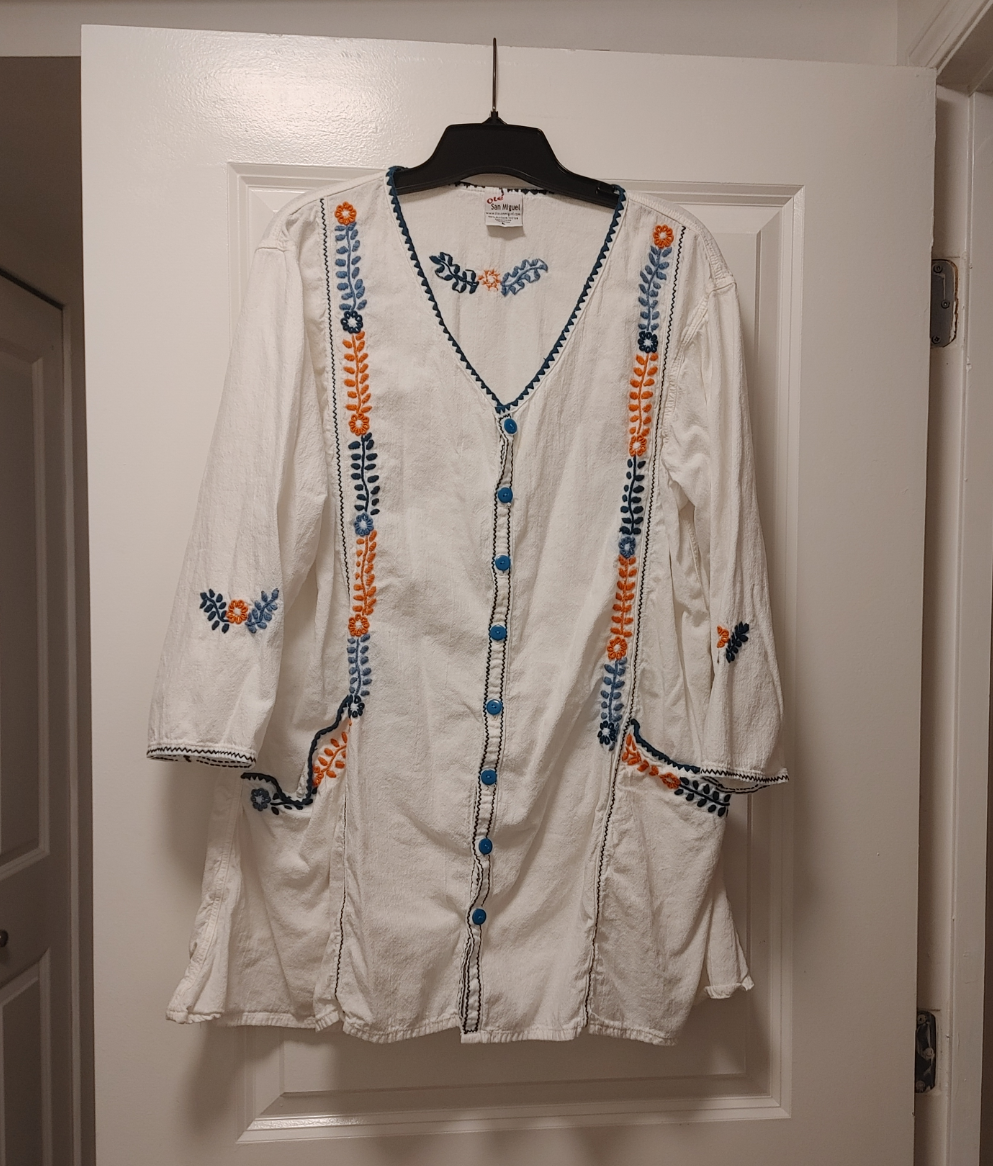 San Miguel Embroidered White Tunic Top Size Large
