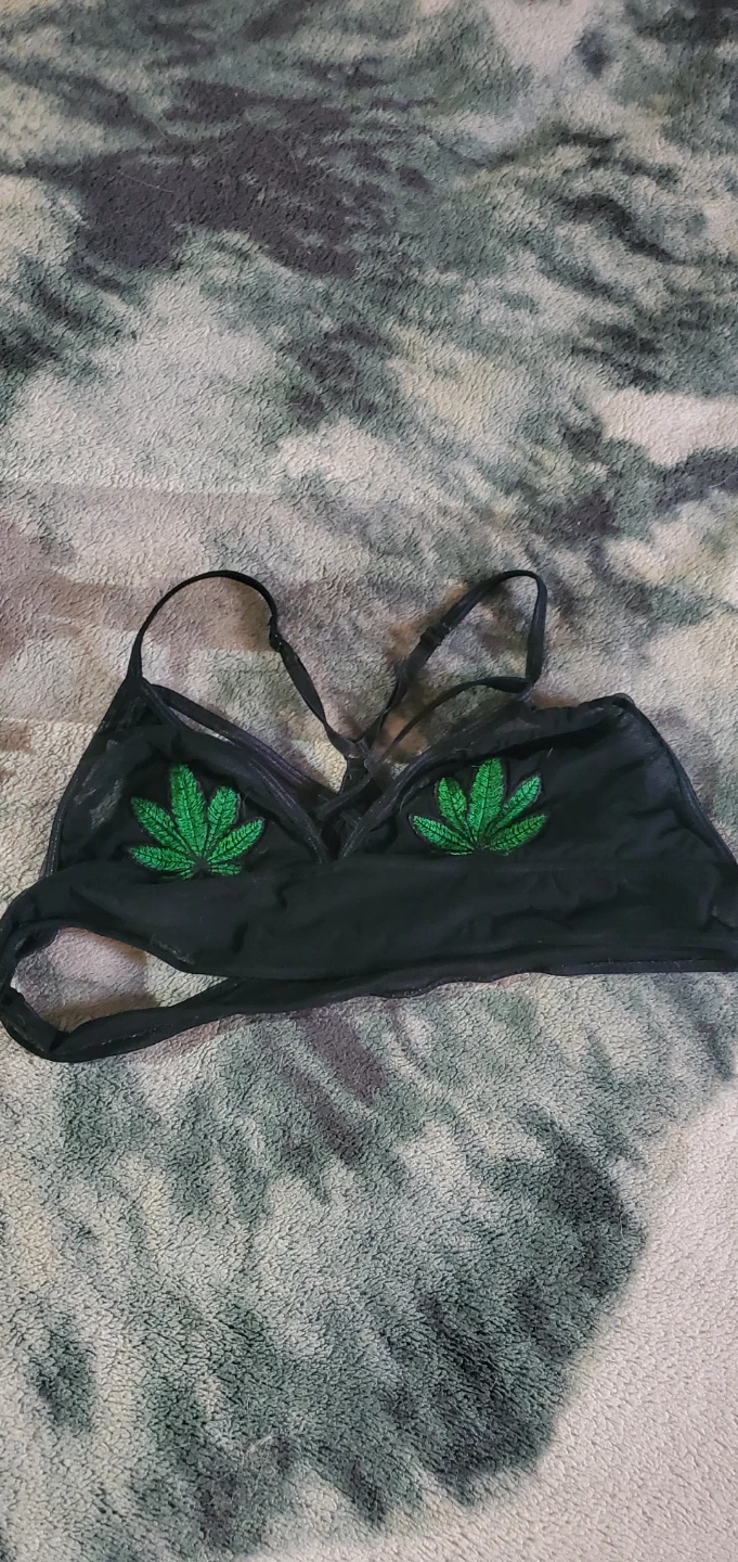 Black Bralette with Green Leaf Embroidery