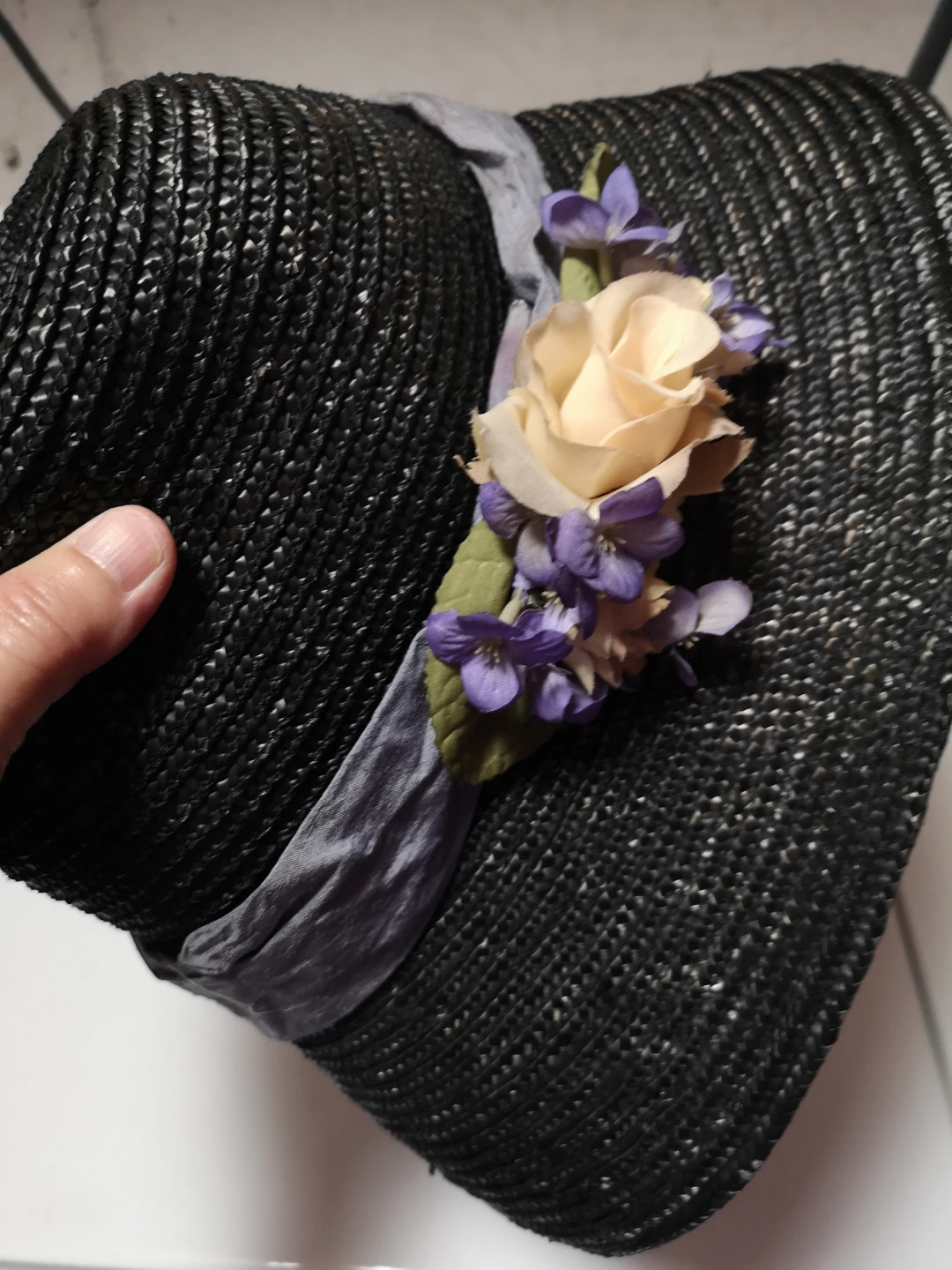 Black  Sun Hat with Floral Embellishment