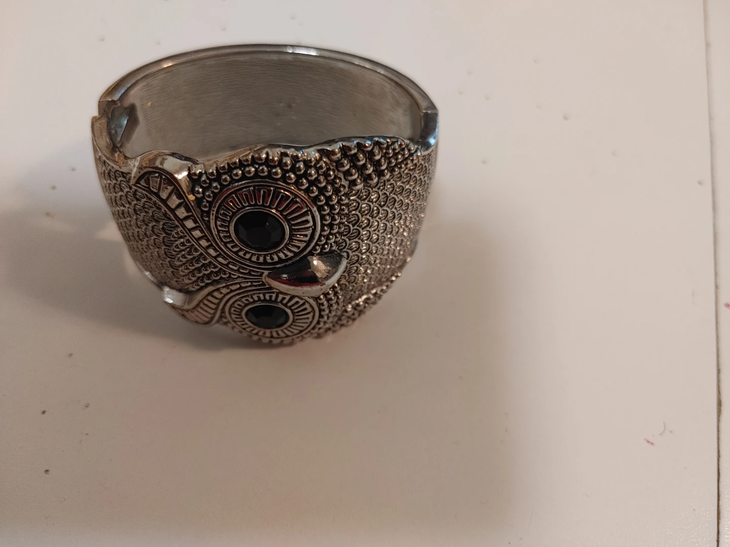 Silver Owl Cuff Bracelet with Black Gems